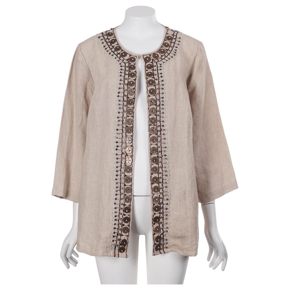 NWT Chico's Jacket 2/L Tan Beige Linen Embellished Beaded 3/4 Sleeve